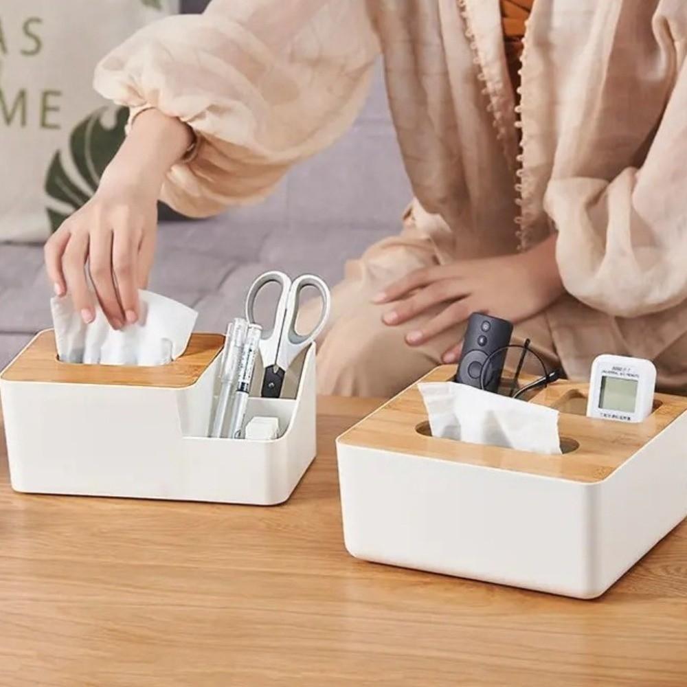 Home Accessory Japanese Style Tissue Box Multi-Function Plastic Paper Box Washable Wooden Cover Tissue Holder Desktop