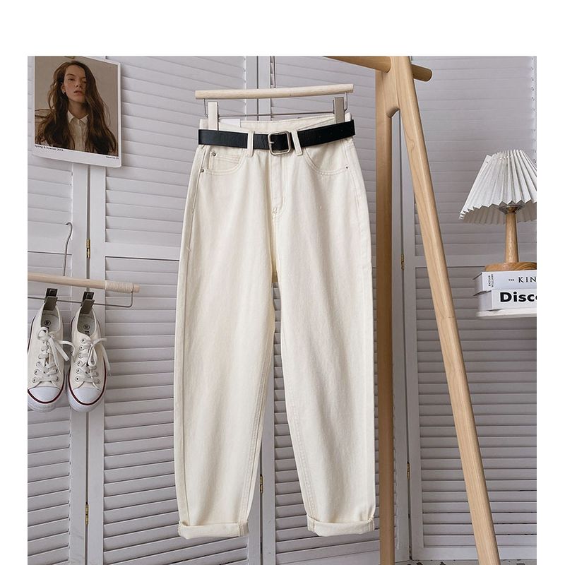 

Spring and Autumn Summer High Waist Loose Straight Harem Jeans Apricot white regular style S