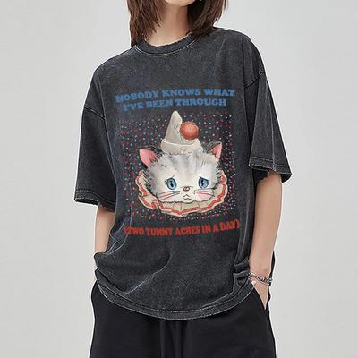 Sweetheart Cute Cat Print Women T-Shirt Oversized Wash Couple Short Sleeve Y2k Student Affordable Top High Quality