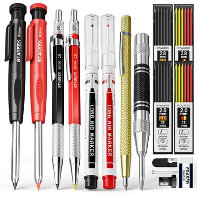 STAGEEK Construction Mechanical Pencil Mechanical Scribing Center and Leads and with Case 17-Piece Set 2.8mm Carpenter's Pencil, Pen, Punch, Marker,