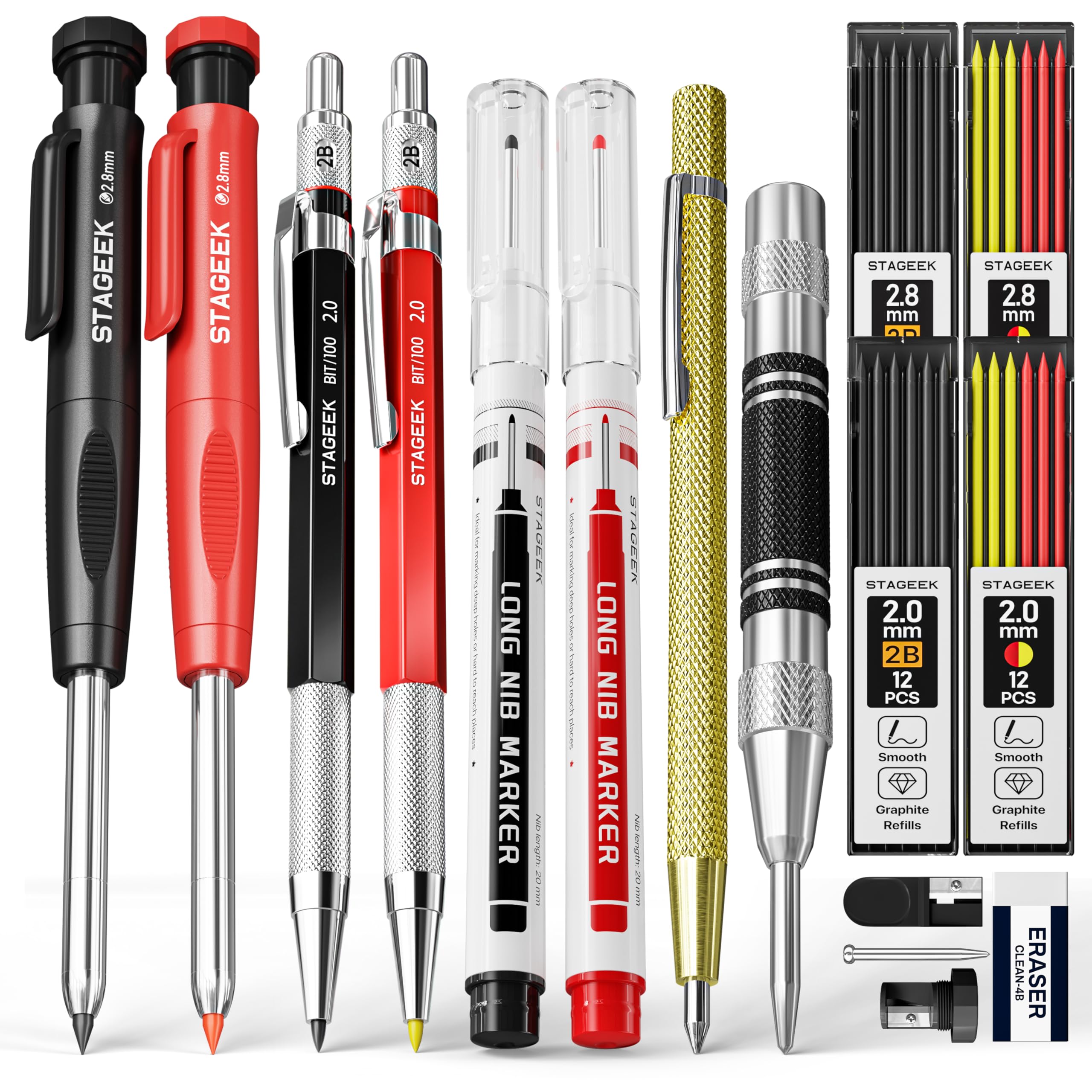 STAGEEK Строительный механический карандаш Механический центр для разметки и стержни и с футляром Набор из 17 предметов 2,8 мм Строительный карандаш, Ручка, Пробойник, Маркер,