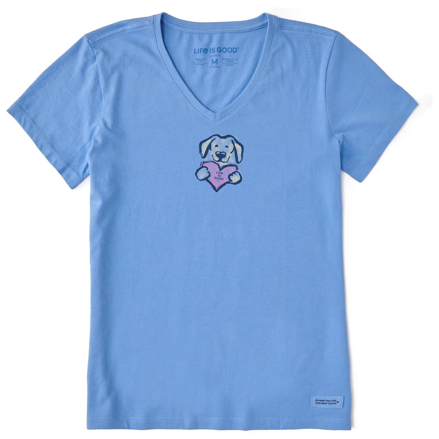 

Life is Good Women s Love Puppy Short Sleeve Crusher Vee, Cornflower Blue 4XL