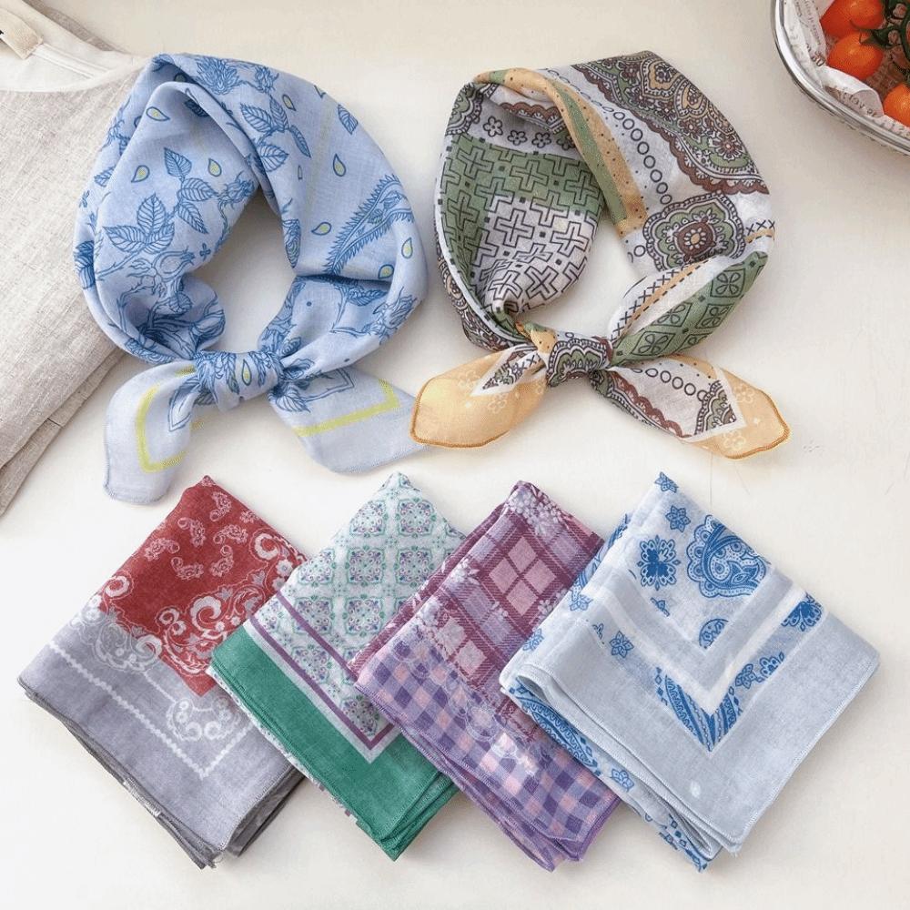 Floral Small Square Scarf Flower Printed Silk Scarf Cotton Linen Print Scarves  Scarf Accessories