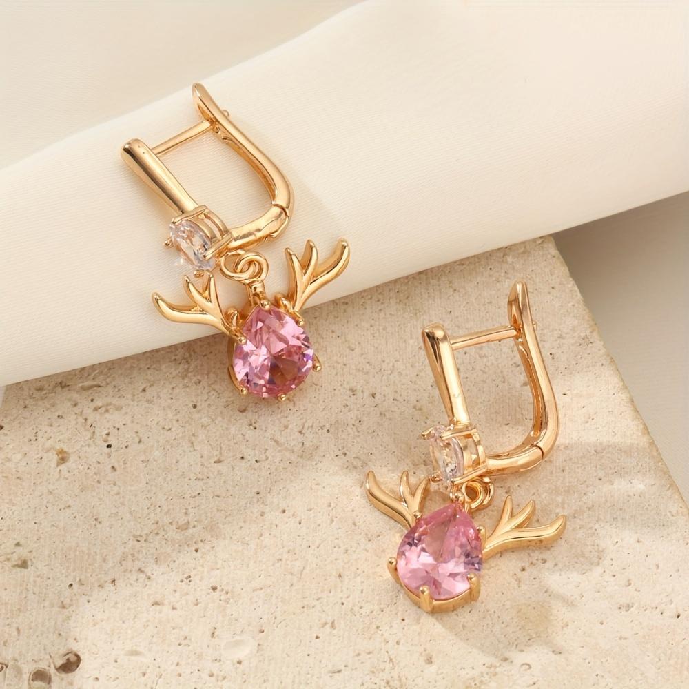 1 пара модных сережек-подвесок в виде оленя для женщин, серьги с кубическим цирконием, украшения для рождественской вечеринки, аксессуары розовый