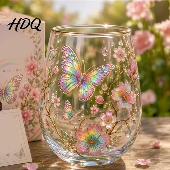Hand-painted Glass Cup Hand Painted Tumbler Egg Shaped with Gold Rim Clear