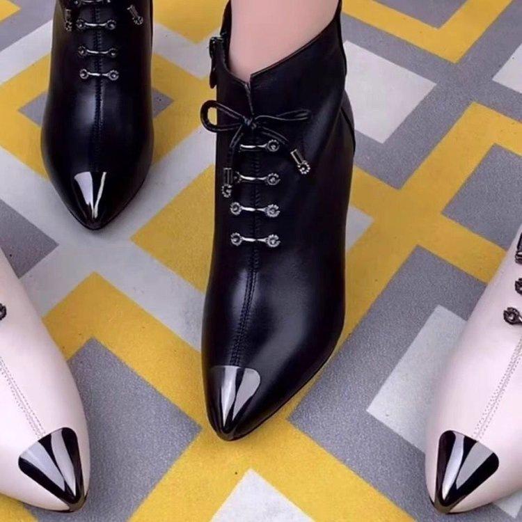 Winter velvet pointed thick heel short boots new boots comfortable soft-soled boots warm leather shoes