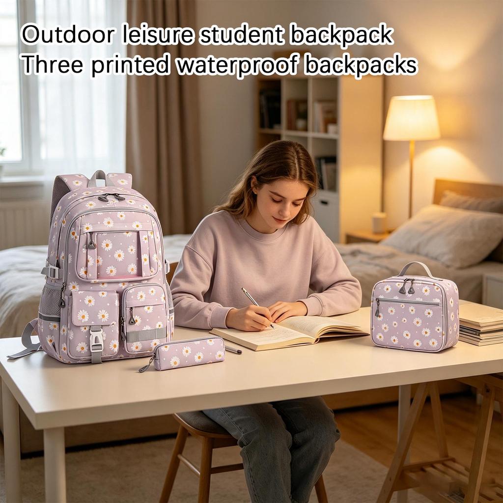 3-Piece Backpack Set with Printed Design for Travel, Outdoor and School