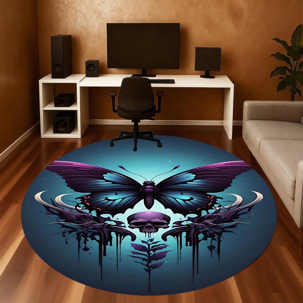 1PC Butterfly Skull Gothic Round Chair Mat Area Rug - Non-Slip, Floor Mat for Office, Bedroom, Home Decor Christmas Gift C0528060