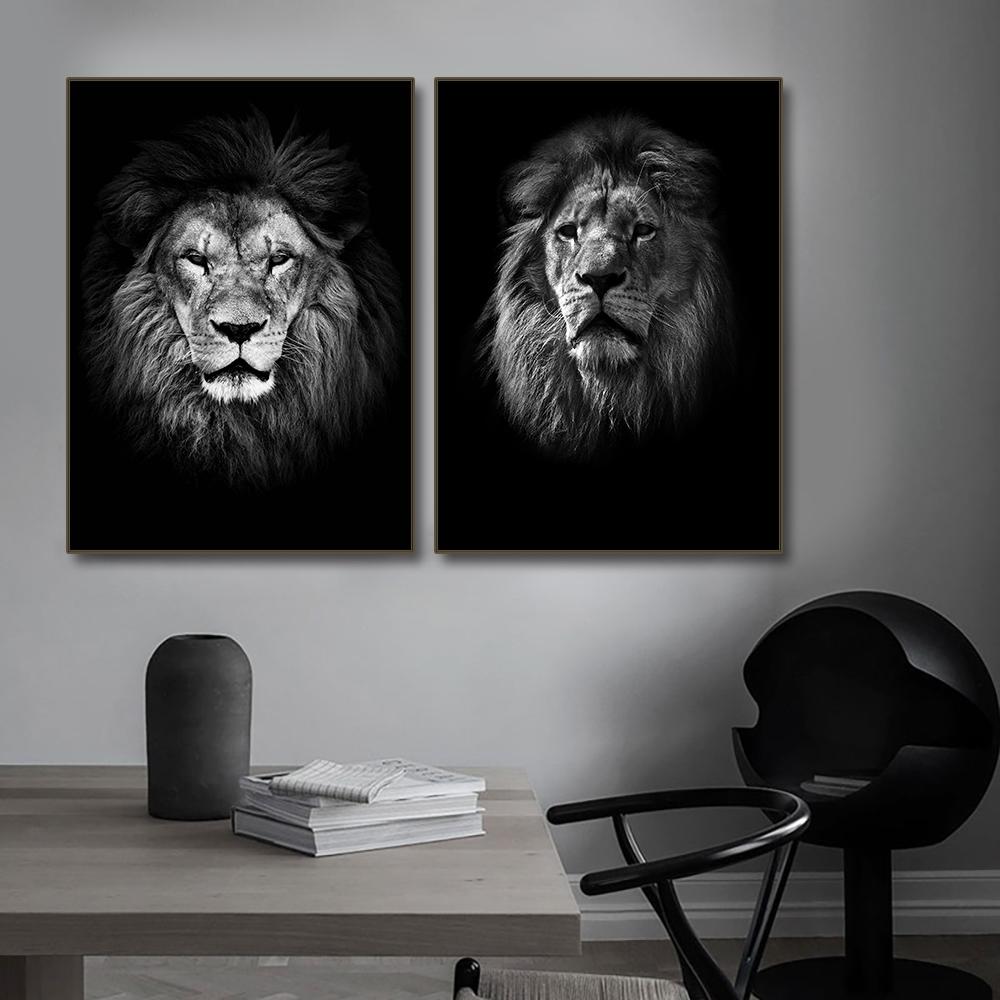 Black and White Wildlife Oil Painting, Tiger, Lion, Elephant Picture, Wall Art Poster and Printmaking Living Room