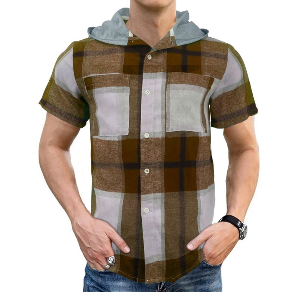 

Мужская клетчатая повседневная рубашка, кардиган в полоску с капюшоном, модная и универсальная свободная пляжная футболка с коротким рукавом 3XL коричневый