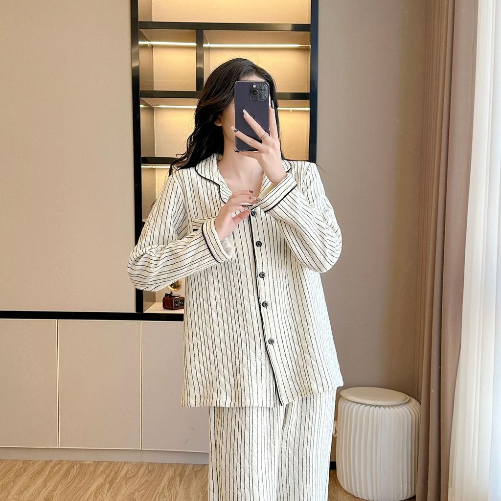 Pajamas Autumn and Winter Women's New Air Layer Three-layer Warm Pure Cotton Japanese Lapel Long-sleeved Trousers Set Loungewear