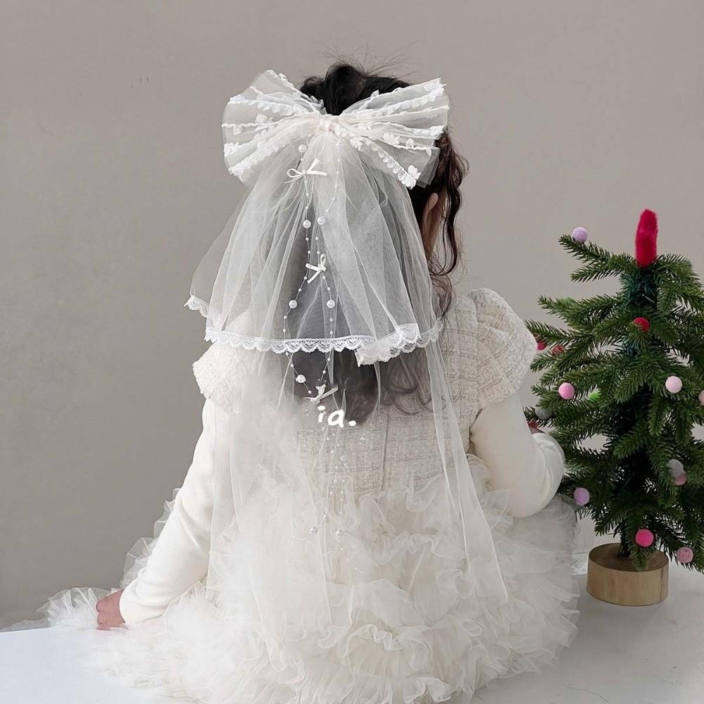 Bow Veil Hair Clip Beads White Bridal Tulle Elegant Girls Head Gauze  Engagement
