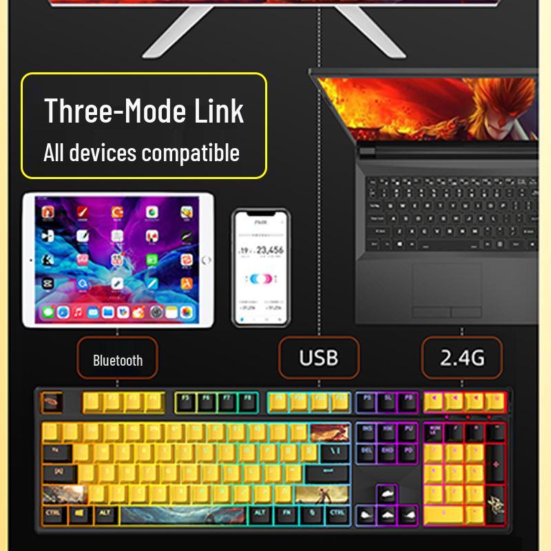 Three-Mode Wireless Bluetooth Mechanical Keyboard with Blue, Black, Red, and Silent Switches - Gaming and Office Use