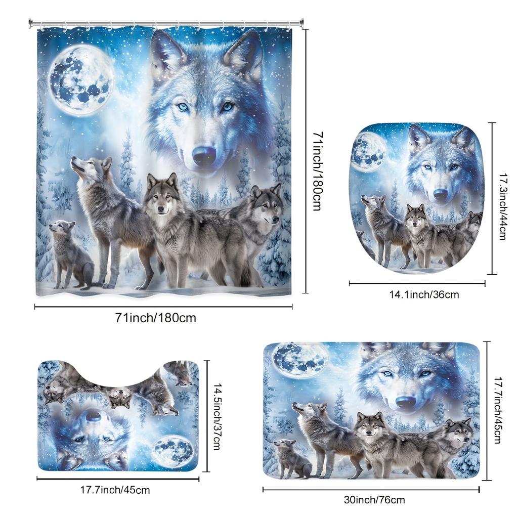 4Pcs Shower Curtain Set with Non-Slip Bath Mat, Toilet Lid Cover, Contour Rug & 12 Hooks, Bathroom Decor