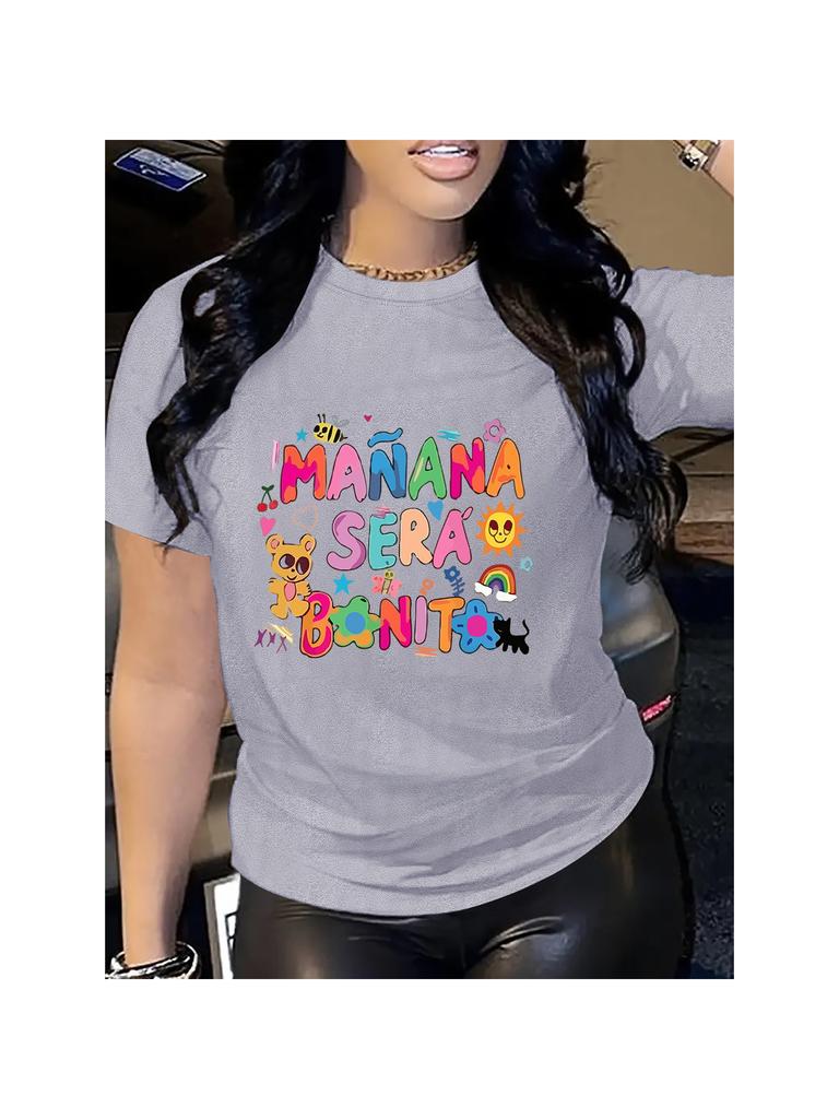 Women's Vibrant Pink Casual T-Shirt - "Manana Sera Bonito" Colorful Letter Print Round Neck Machine Washable Graphic T Shirts
