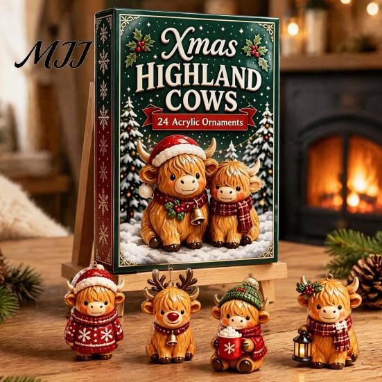 Dekorative hängende Baumdekorationen Weihnachten Hochlandkuh Adventskalender, 24 süße 3D-Mini-Figuren, Tag-Countdown-Box Bauernhaus-Feiertagsdekoration,