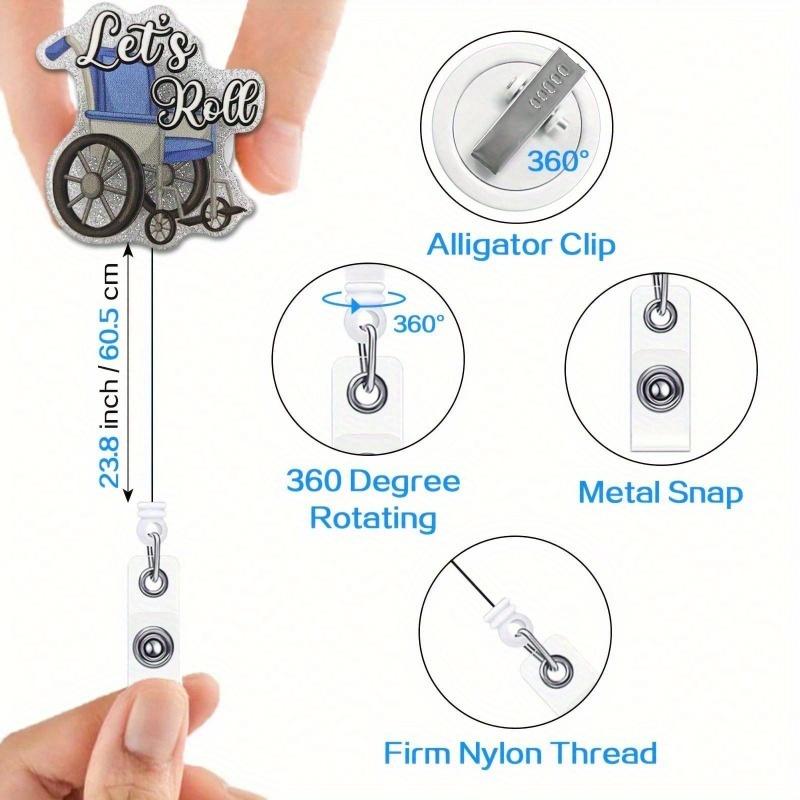 Nurse Retractable Badge Reel with Alligator Clip Let's Roll ID Card Badge Holder for Patient Transport Funny Wheelchair Silver Glitter Badge