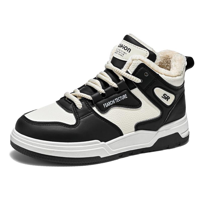 Men's Warm Plush Sneakers High Top Leather Casual Shoes Men's Skateboarding Windproof Casual Sports Shoes Thick Flat Shoes