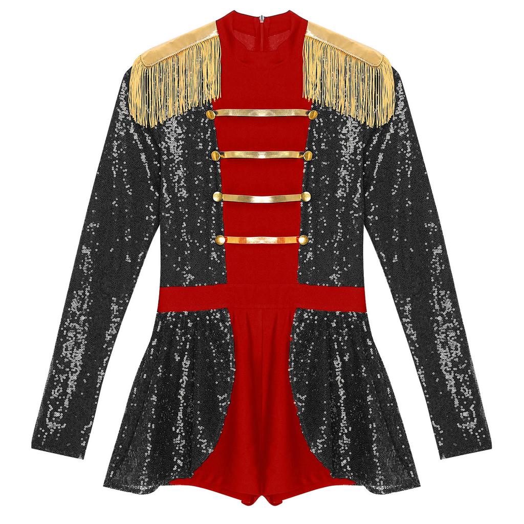 Glitzernder Pailletten Zirkusdirektor Jumpsuit S-4XL für Damen, Fransen Schulterklappen mit Rock-Shorts Body Halloween Kostüm