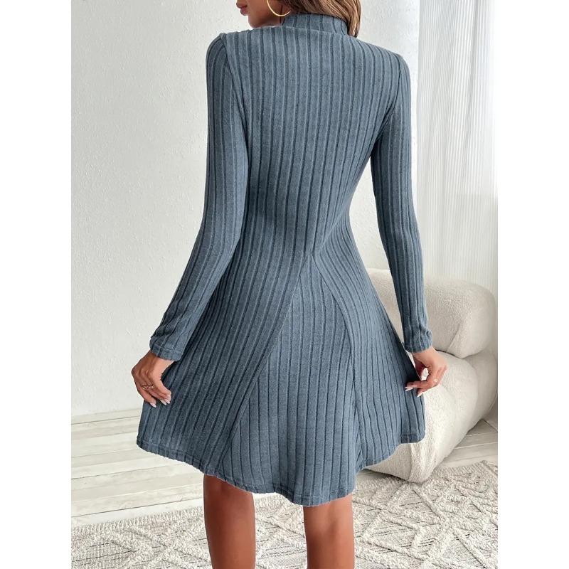 Podzimní a zimní šaty s dlouhým rukávem, polovičním rolákem, áčkového střihu, krátké, slim fit v pase, žebrované, áčkové, společenské šaty, dámské, ležérní, jednoduché oblečení