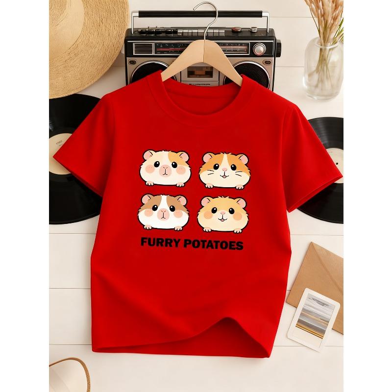 European Sizes Girls' Spring/Summer Casual T-Shirt "FURRY POTATOES" with Hamster Print, Cute Style Short Sleeve