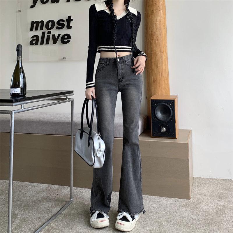

Frayed Micro-Flare Cropped Bell Bottom Women s Jeans - Slimming, Stretchy, High-Waisted, Retro Bootcut Style for Spring/Autumn 2XL