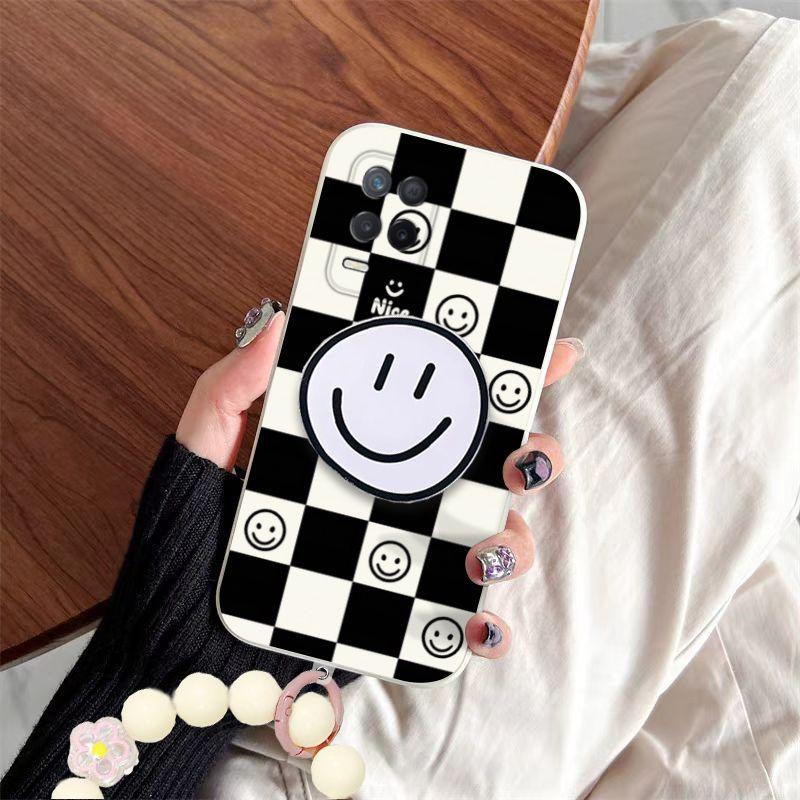 Realme8Pro 5G Mobile Phone Case Smiley Face Retro Nice Simple Black and White Grid Bracelet Bracket