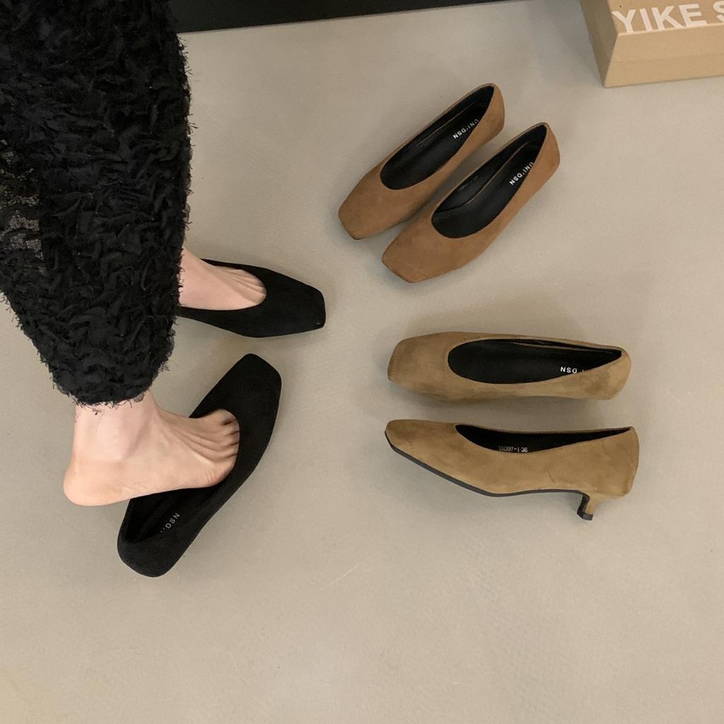French kitten heel square head shallow mouth single shoes women's shoes spring and autumn 2025 new suede thin heel versatile evening shoes