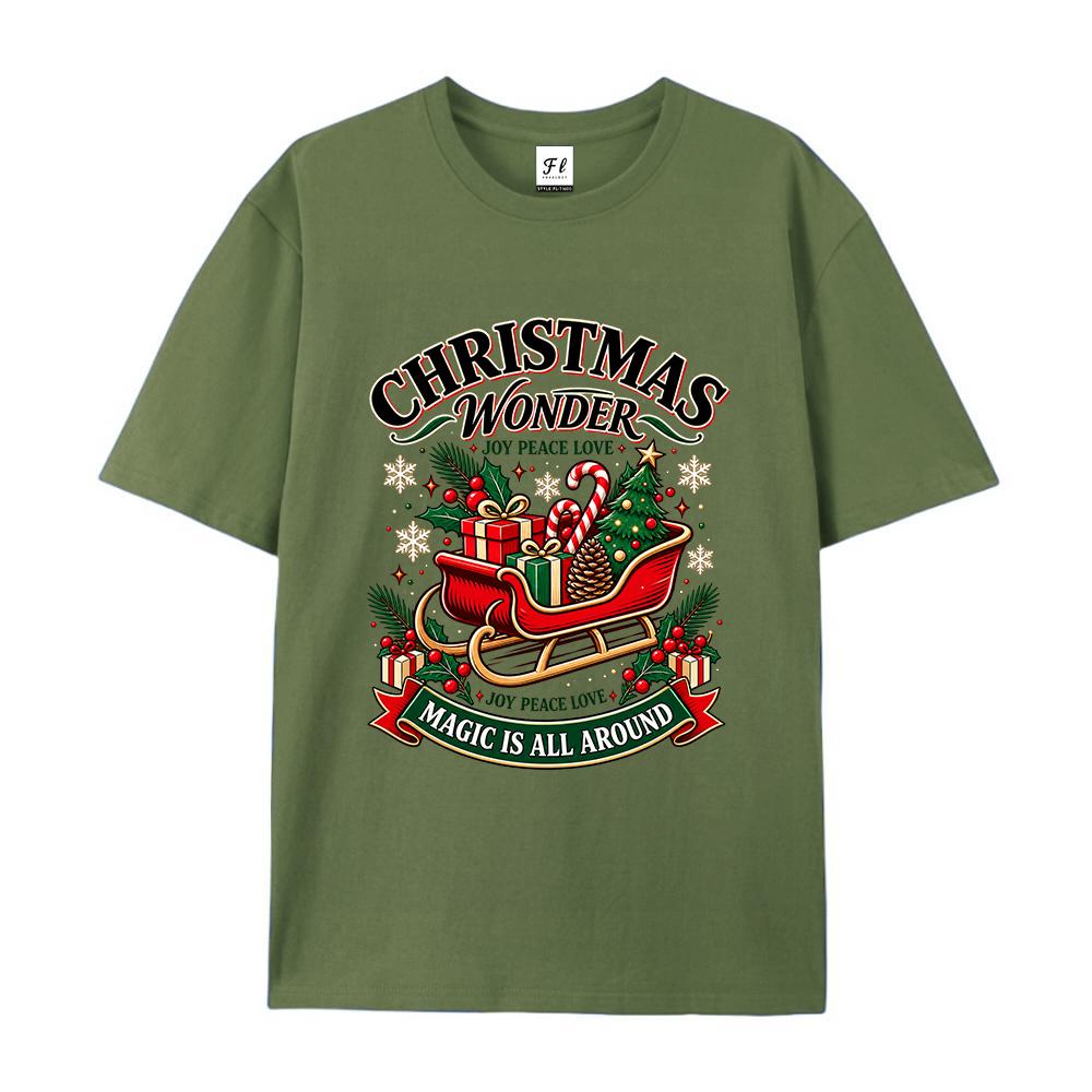 Women's Christmas Wonderland Graphic T Shirt Santa Sleigh Tree Gift Print Casual Short Sleeve Crew Neck Holiday Tee