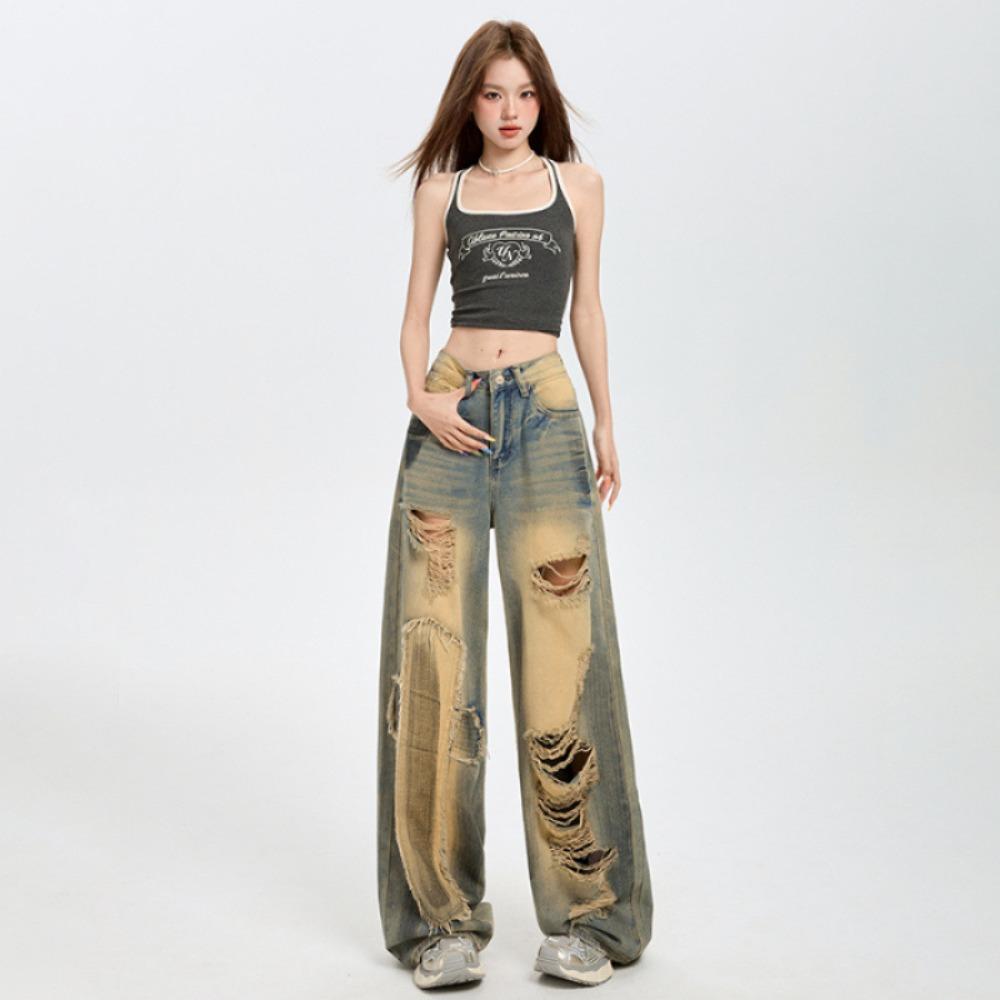 Women's High Waist Wide Leg Jeans Loose Fit Vintage Distressed Straight Pants for Summer Streetwear