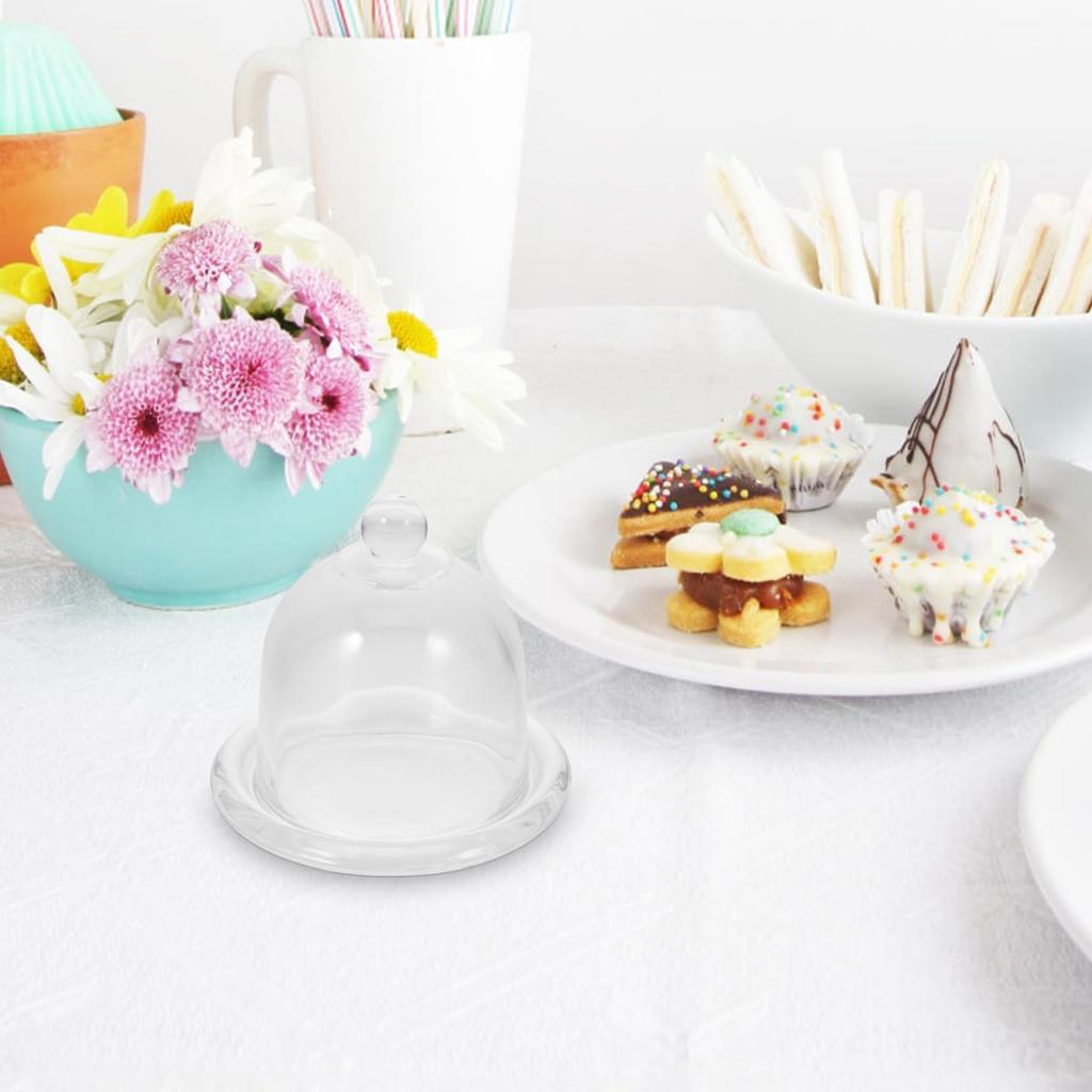 PRETYZOOM Glass Cake Stand with Lid - 9x9cm Mini Cupcake Display Dome, Appetizer Serving Tray Dessert Platter for Macarons, Cannoli, Desserts