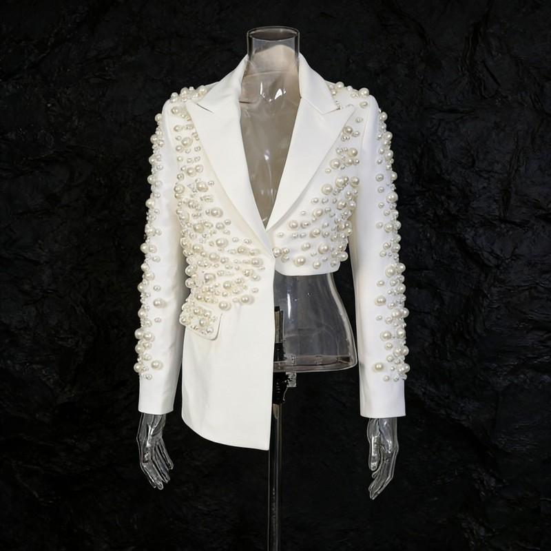 Fashion Sexy Wind Skirt Suit Women Lapel Pearl Decoration Short Top + Low Waist Slimming A-line
