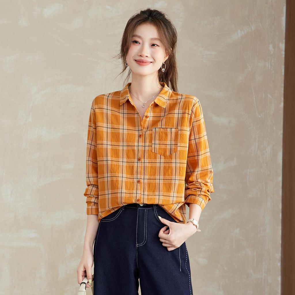 Women's High-End Cotton Plaid Long Sleeve Shirt - New for Spring & Autumn 2025, Loose Casual Fit