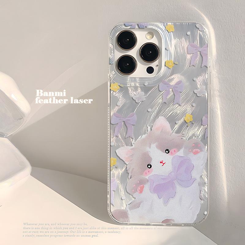 Cute Black Cat Phone Case For iPhone 17 Air Case iPhone17 16 15 11 12 13 14 Pro Max Plus Laser Silver Feather Texture Shockproof Cover