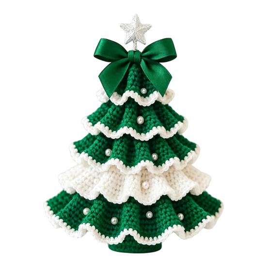 Decorative Yarn Tree for Bookshelves DIY Crochet Christmas Kit,Beginner-Friendly Xmas Craft Kit with Bow Complete Starter And Faux Pearl Embellishment
