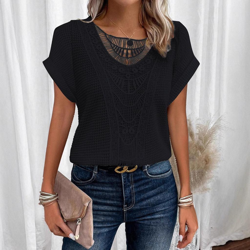 Solid Color Lace Patchwork Short Sleeved Women’s T-shirts