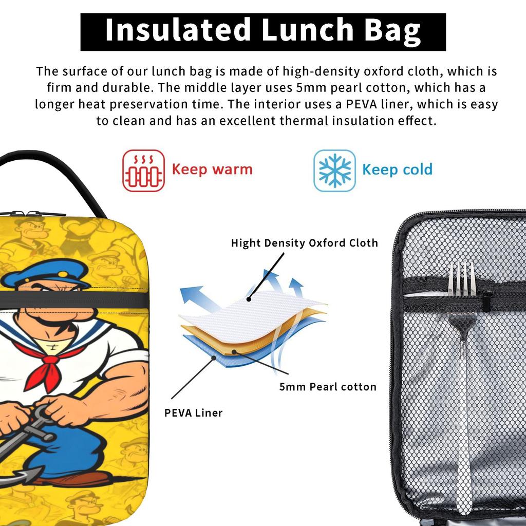 P-popeyes Thermal Insulated Lunch Bags for Travel Reusable Food Bag Container Men Women Thermal Cooler Food Box