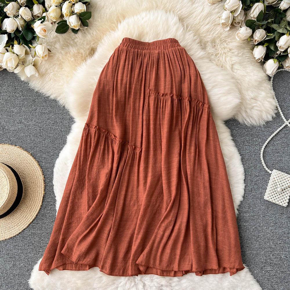 Summer High Waist Drape A-Line Skirt Fashion Elastic All-Match Pleated Large Swing Temperament Midi Skirt