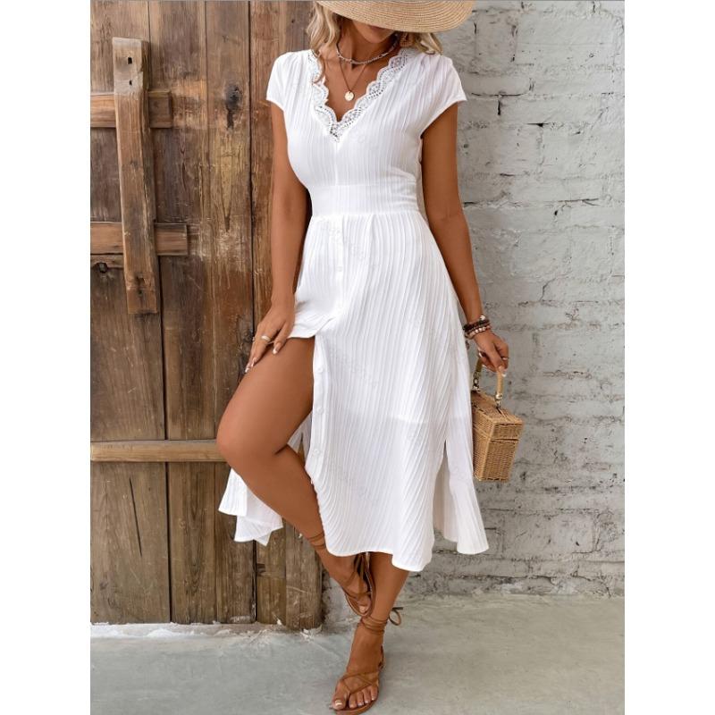 

JKASHDK Жіноча мода, літо, весна, однотонні повсякденні сукні з короткими рукавами, V-подібним вирізом і високою талією XXL білий