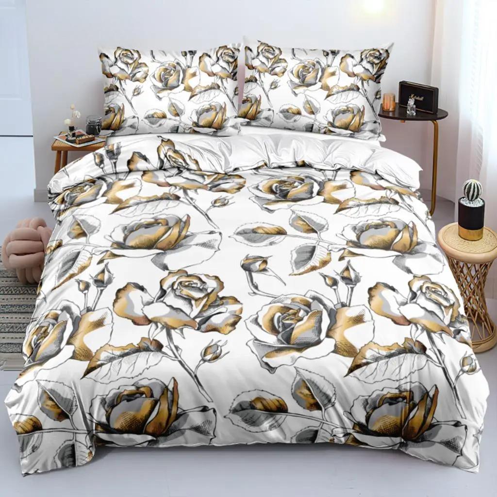 3D Design Flowers Duvet Cover Sets Bed Linens Bedding Set Quilt/Comforter Covers Pillowcases 240x220 Size Black Home Texitle