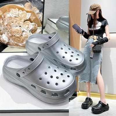 Women Spring Solid Color Outdoor Slippers Soft Soled Cross Hole Shoes Summer Casual Thick Flat Bottom Anti Slip Beach Sandals Shoes 36-41