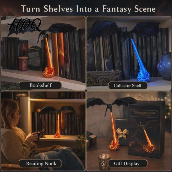 Creative Bookshelf Dividers Dragon Flame Book Nook Decor 3D Printed Fire-Breathing Figurine Glow in Cool Desk Decor for Men The Dark Ornament,