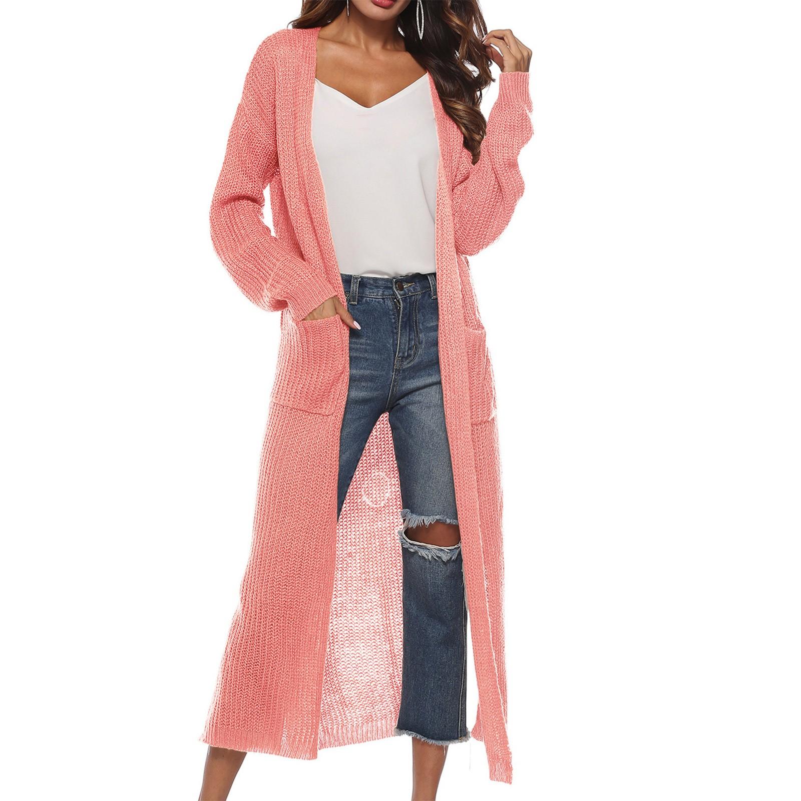 

Women s Fashion Casual Long Buttonless Solid Color Sweater Cardigan Jacket M розовый