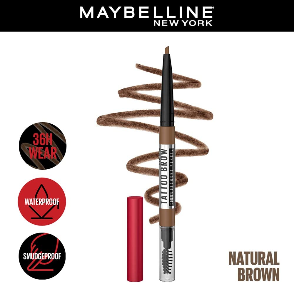 Maybelline New York Tattoo Brow 36h Brow Pencil Natural Brown Waterproof Long-lasting Precision Tip Eyebrow Makeup 0.25 g