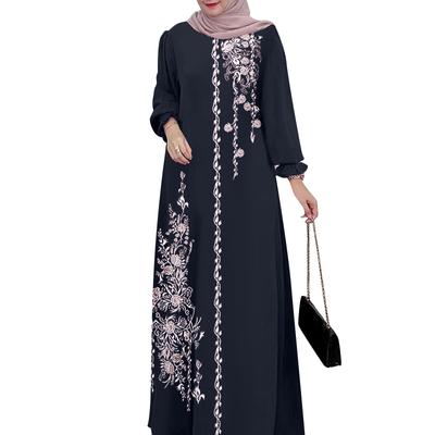 Women Casual O-neck Long Sleeve Retro Print Long Dress EMA
