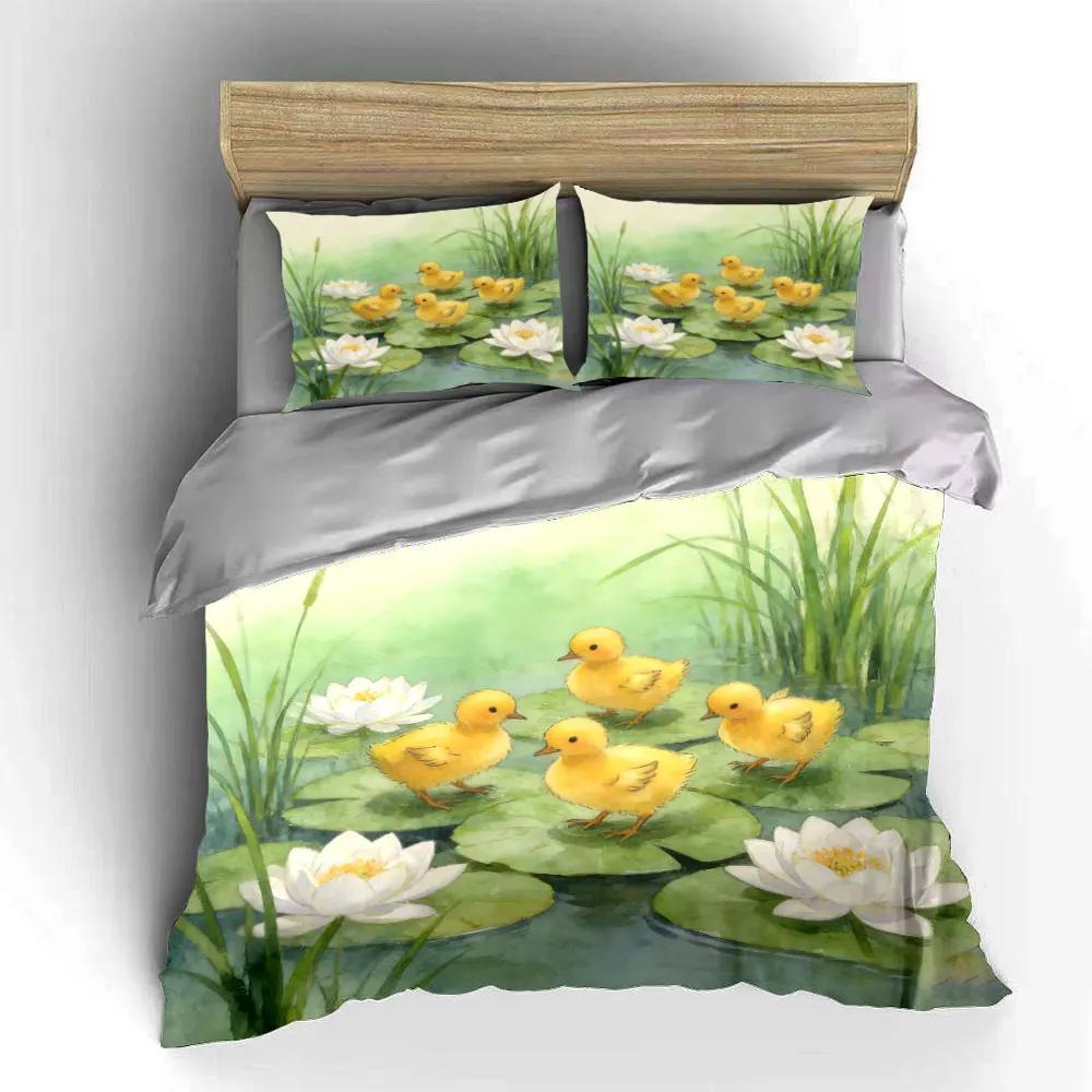 Ducklings Pond Decorative Artwork Set Soft Comfortable Duvet Cover Bedding Set Included 1*Duvet Cover & 2*Pillowcases Gift