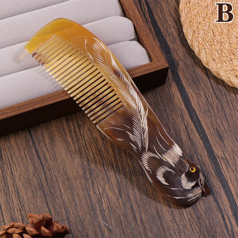 Natural Ox Horn Comb Anti Static Buffalo Combs Mandarin Duck Phoenix Carving Professional Detangling Massage Fine Tooth Comb