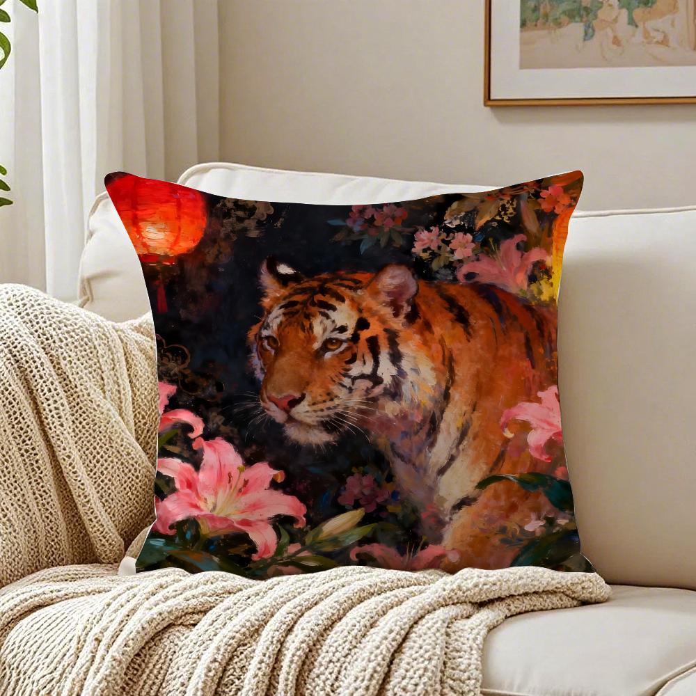 Cute Tiger Pillow Retro Painting Cushion Cushion Cover Pillowcase Antidustmite living Room Sofa Decor Cushion Room