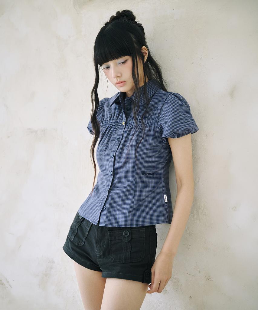 Mileko Mini Check Shirring Shirt Navy