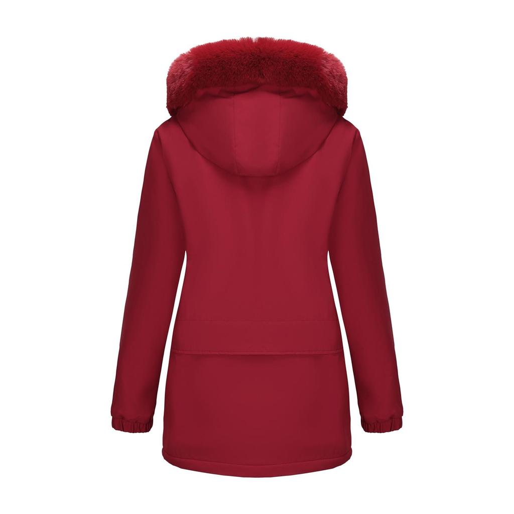 Women’s Parka Coats Faux Fur Hooded Fleece Lining Zipper Warm Cotton Jackets Mid-length Puff Outerwear Winter Clothes